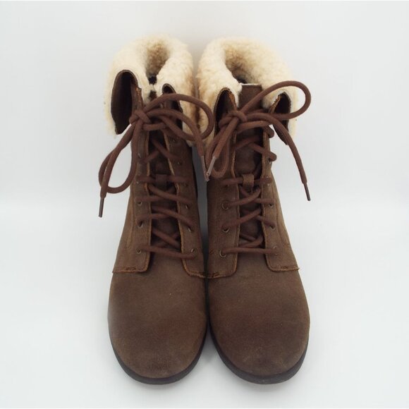 UGG Zea 1003360 Brown Waterproof Leather Shearling Lined Wedge Boots - Picture 3 of 10